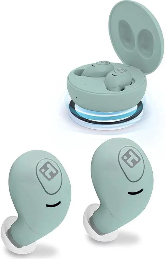 Main image of XT-59 Water-Resistant Wireless Bluetooth Earbuds with Round Charging Case in Mint