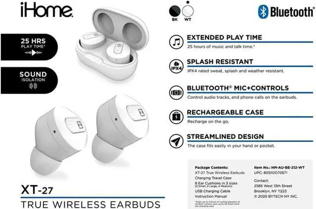 Alt view image 3 of 3 - XT-27 Bluetooth Rechargeable Earphones with Microphone and Touch Control White (BE-212-WT)