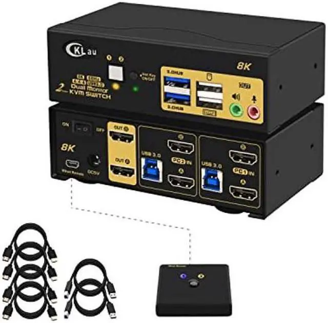 Main image of CKLau 2 Port 8K60Hz 4K144Hz Dual Monitor KVM Switch HDMI with Cables, Audio, Microphone, 2 pcs USB 3.0 Peripheral Hub for Keyboard Mouse 2 Computers Sharing 2 Monitors