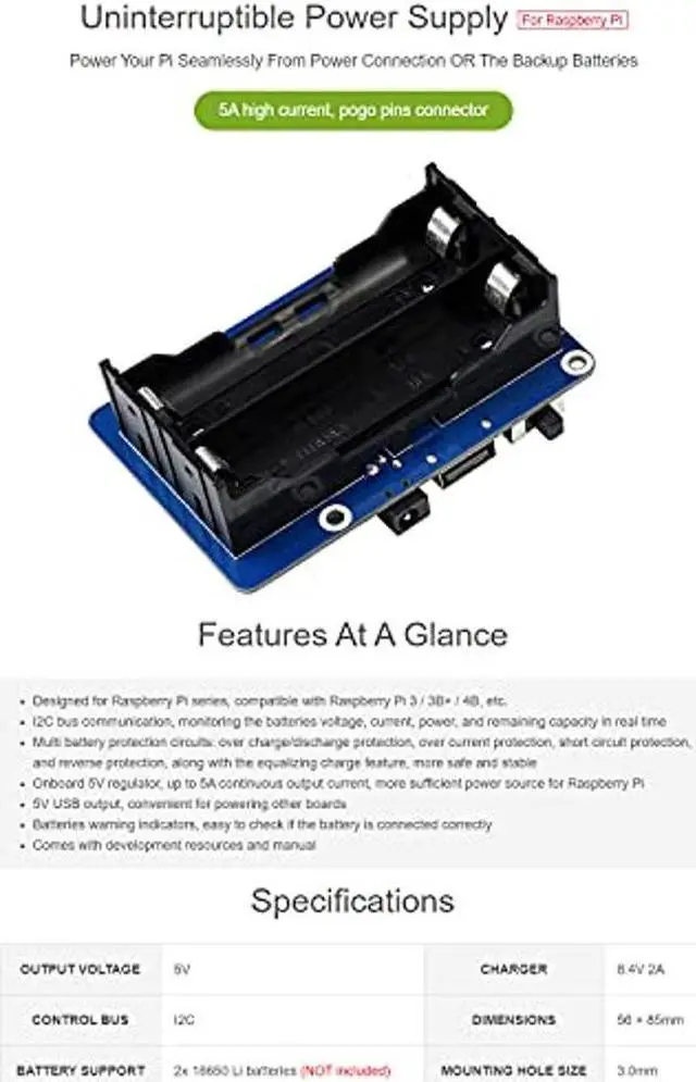 Alt view image 3 of 5 - Waveshare UPS HAT (B) for Raspberry Pi 5V Uninterruptible Power Supply 5A High Current with Pogo Pins Connector