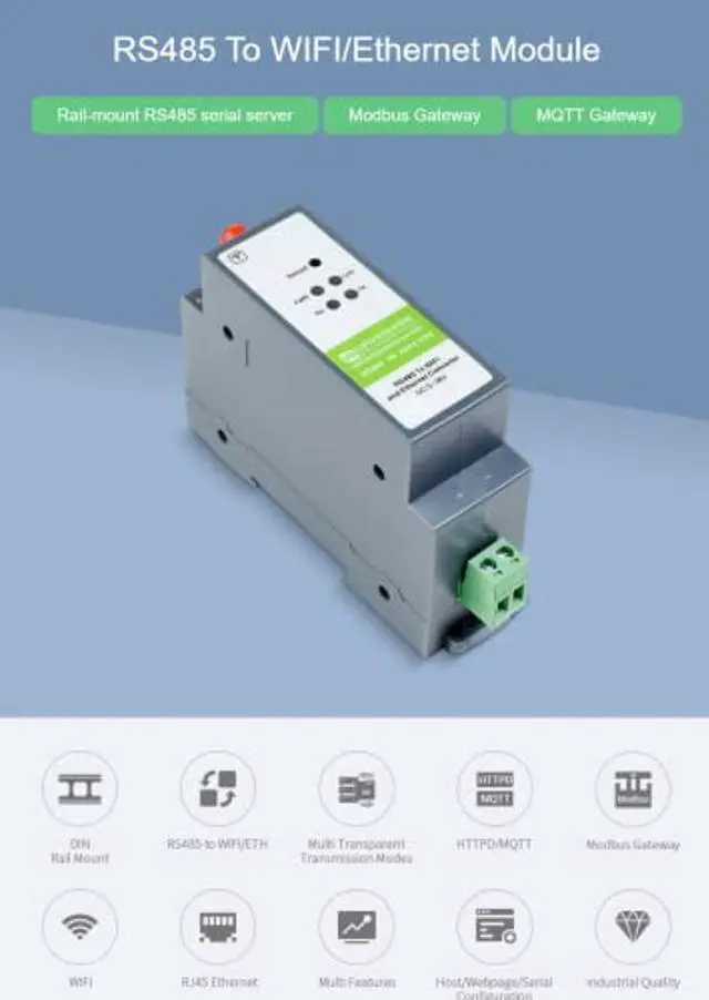 Alt view image 3 of 5 - waveshare RS485 to WiFi/Ethernet Module, Modbus MQTT Gateway, Rail-Mount RS485 Serial Server, with RS485, WiFi and Ethernet Ports, Support RS485 to WiFi, RS485 to Ethernet, Ethernet to WiFi, etc.