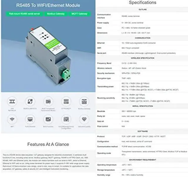 Alt view image 2 of 5 - RS485 to WiFi/Ethernet Module, Rail-Mount Serial Server, Modbus MQTT Gateway, Support 802.11b/g/n Wireless Standards, Support RS485 to WiFi, RS485 to Ethernet, Ethernet to WiFi, etc.