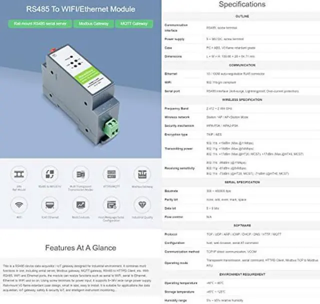Alt view image 3 of 5 - waveshare RS485 to WiFi/Ethernet Module Rail-Mount Serial Server Modbus MQTT Gateway