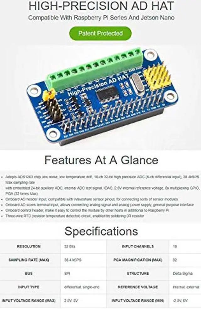 Alt view image 3 of 5 - High-Precision AD HAT ADS1263 10-Channel 32-Bit ADC SPI Bus Low Noise Low Temperature Drift,for Raspberry Pi 4B/3B+/3B/2B/Zero/Zero W/Zero WH/2W and Jetson Nano