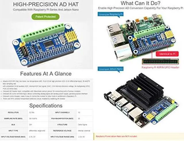 Alt view image 2 of 5 - Waveshare High-Precision AD HAT for Raspberry Pi with ADS1263 10-Ch 32-Bit ADC Compatible with Raspberry Pi Series and Jetson Nano
