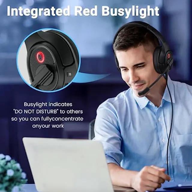 Alt view image 4 of 5 - Headset with Microphone for PC, USB Computer Headsets AI-Powered Environmental Noise Cancelling Headphone with Busylight, Mic Mute Boom & Volume Control, Wired Over-Ear Headset for Laptop/Work/Office