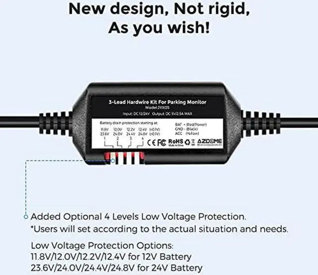 Alt view image 2 of 5 - AZDOME JYX05 Dash Cam Hardwire Kit, USB Type C Hard Wire Kit for M27 M330 PG16S-3CH M580 M560-3CH PG19X Dashcam, Converts 12-24V to 5V/2.5A Low Voltage Protection for Dash Cameras (11.5ft)