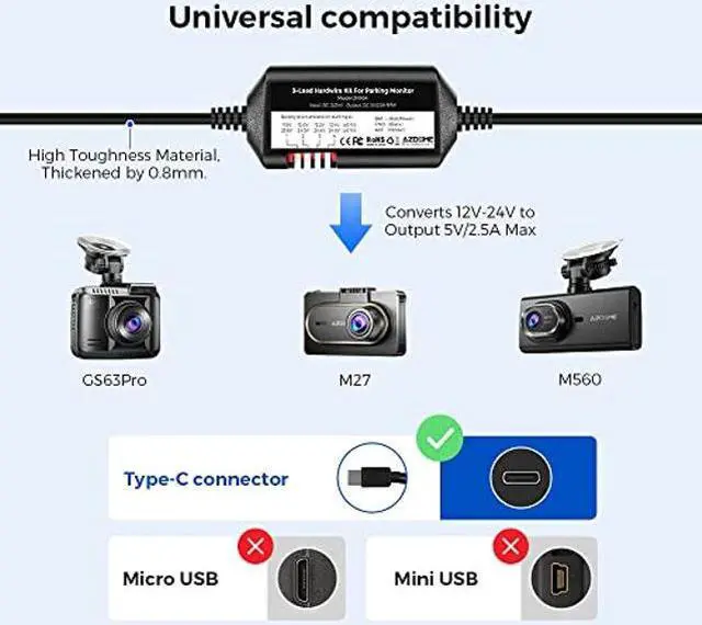 Alt view image 3 of 5 - AZDOME JYX05 Dash Cam Hardwire Kit, USB Type C Hard Wire Kit for M27 M330 PG16S-3CH M580 M560-3CH PG19X Dashcam, Converts 12-24V to 5V/2.5A Low Voltage Protection for Dash Cameras (11.5ft)