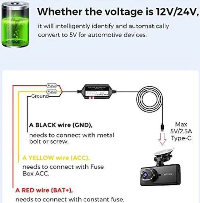 Alt view image 4 of 5 - AZDOME JYX05 Dash Cam Hardwire Kit, USB Type C Hard Wire Kit for M27 M330 PG16S-3CH M580 M560-3CH PG19X Dashcam, Converts 12-24V to 5V/2.5A Low Voltage Protection for Dash Cameras (11.5ft)