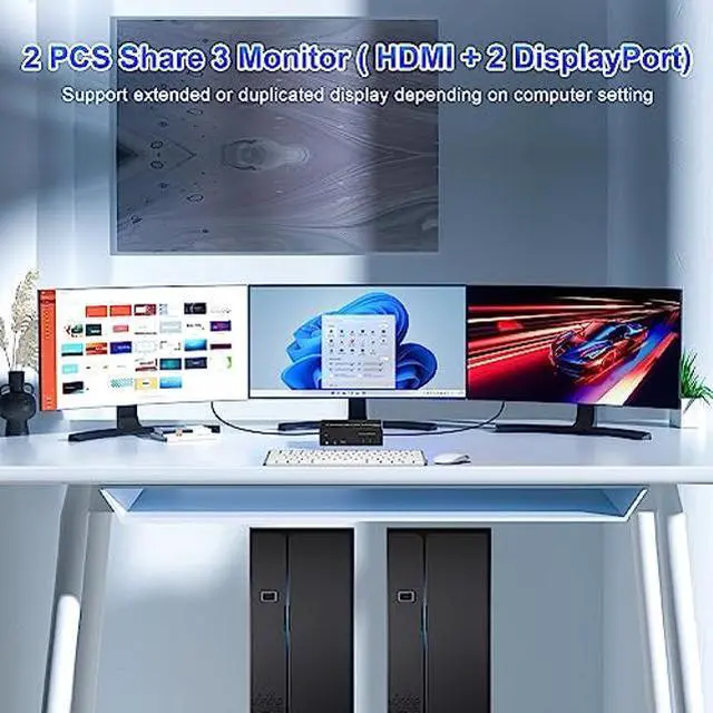 Alt view image 3 of 5 - HDMI + 2 Displayport USB 3.0 KVM Switch Triple Monitor for 2 Computers, 4K@60Hz KVM Switch 2 Computers x 3 Monitors with Audio Microphone Output and 3 USB 3.0 Ports, Keyboard Mouse Switcher