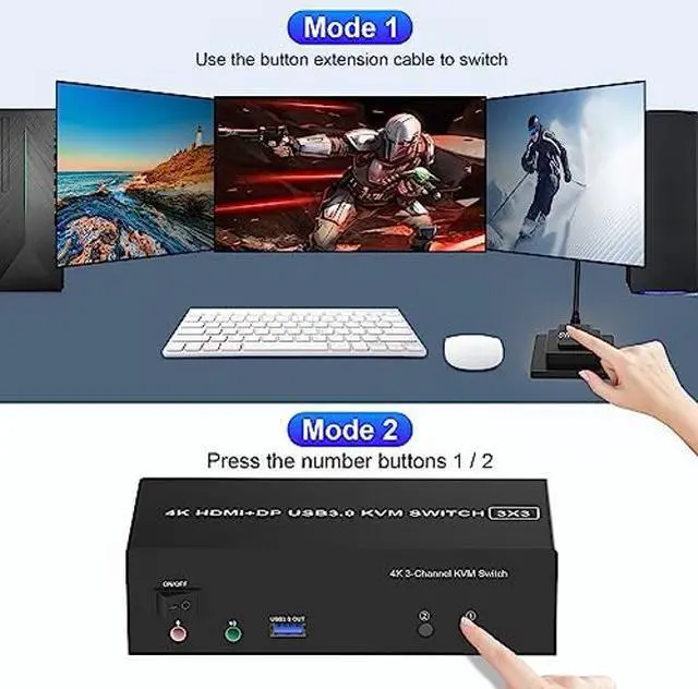Alt view image 5 of 5 - HDMI + 2 Displayport USB 3.0 KVM Switch Triple Monitor for 2 Computers, 4K@60Hz KVM Switch 2 Computers x 3 Monitors with Audio Microphone Output and 3 USB 3.0 Ports, Keyboard Mouse Switcher