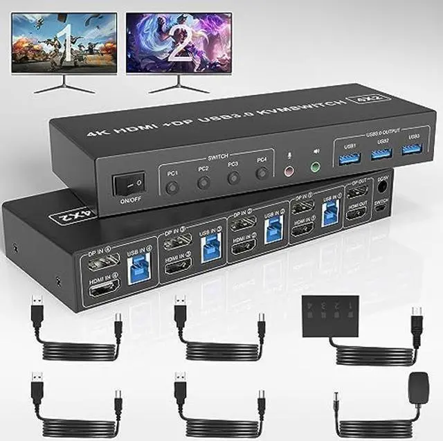 Main image of USB 3.0 KVM Switch Displayport+HDMI 2 Monitors 4 Computers, 4K@60Hz Dual Monitor KVM Switch with Audio Microphone Output and 3 USB 3.0 Ports, 4 Port HDMI+DP Monitor Switch for 4 PCs 2 Monitors