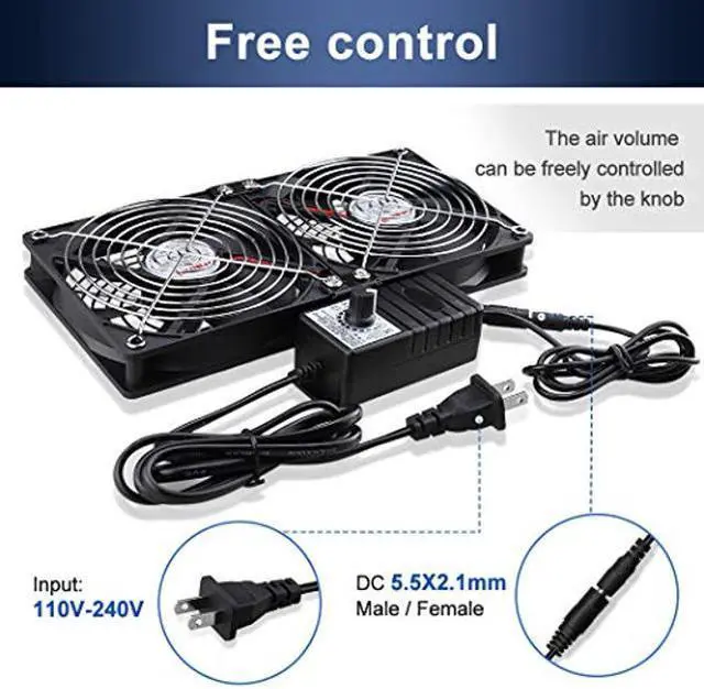 Alt view image 4 of 5 - Wathai Big Airflow 2 x 120mm 240mm Computer Fan with AC Plug Cabinet Fan 110V 240V AC Power Supply, Speed Controller 3V to 12V, for Mining Machine Chassis Server Workstation Cooling