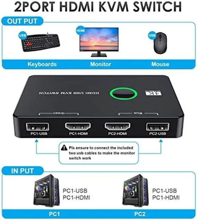 Alt view image 4 of 5 - KVM Switch, USB and HDMI KVM Switches for 2 Computers Sharing Mouse Keyboard Printer to One HD Monitor, Supports 4K@60 Hz, 2 HDMI Cables and 2 USB Cables Included