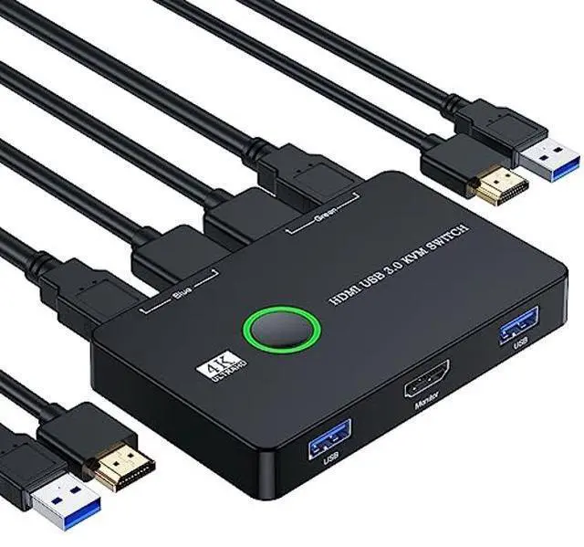 Main image of KVM Switch HDMI, Upgraded USB and HDMI KVM Switch for 2 Computers Share Keyboard Mouse Printer to One HD Monitor, Supports 4K@60 Hz, 2 HDMI Cables and 2 USB Cables Included