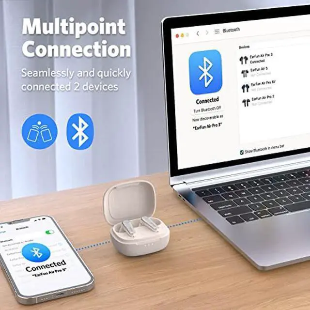 Alt view image 5 of 5 - EarFun Air Pro 3 Noise Cancelling Wireless Earbuds, Qualcomm(r) aptX(tm) Adaptive Sound, 6 Mics CVC 8.0 ENC, Bluetooth 5.3 Earbuds, Multipoint Connection, 45H Playtime, App Customize EQ, Oat White