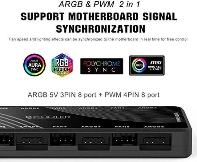 Alt view image 2 of 5 - PCCOOLER PWM Fan Hub, Addressable 5V 3Pin ARGB & 12V 4Pin PWM 2-in-1 RGB Case Fan Hub with Hidden Magnetic Base and SATA Power 16 Port, Support 8 Computer CPU Fans Splitter