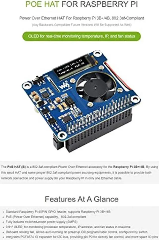 Alt view image 2 of 5 - Waveshare PoE HAT (B) for Raspberry Pi 3B+/4B 802.3af Power-Sourcing Equipment Required