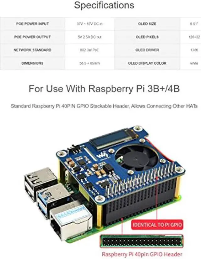 Alt view image 3 of 5 - Waveshare PoE HAT (B) for Raspberry Pi 3B+/4B 802.3af Power-Sourcing Equipment Required
