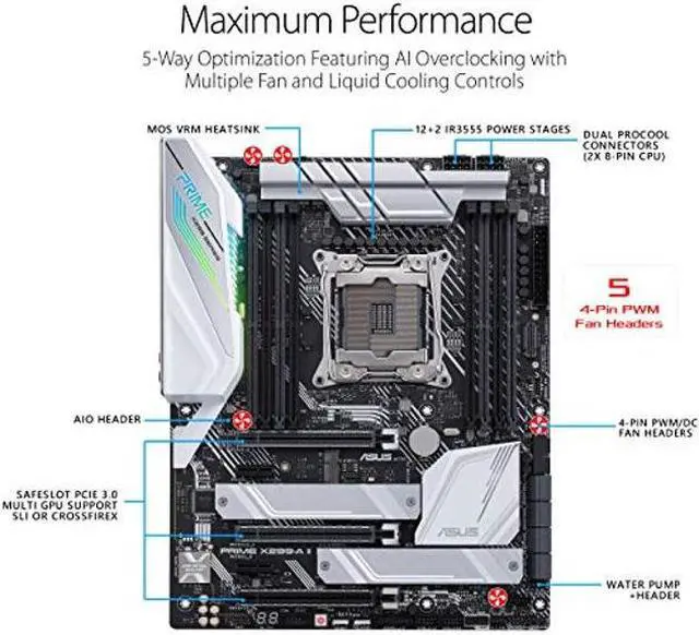 Alt view image 2 of 5 - Asus Prime X299- A II ATX Motherboard (Intel X299) LGA 2066, 12 IR3555 Power Stages, DDR4 4266 MHz, Triple M.2, USB 3.2 Gen 2 Type-C, Intel LAN and Aura Sync RGB Lighting