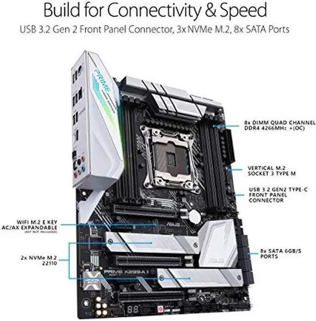 Alt view image 3 of 5 - Asus Prime X299- A II ATX Motherboard (Intel X299) LGA 2066, 12 IR3555 Power Stages, DDR4 4266 MHz, Triple M.2, USB 3.2 Gen 2 Type-C, Intel LAN and Aura Sync RGB Lighting