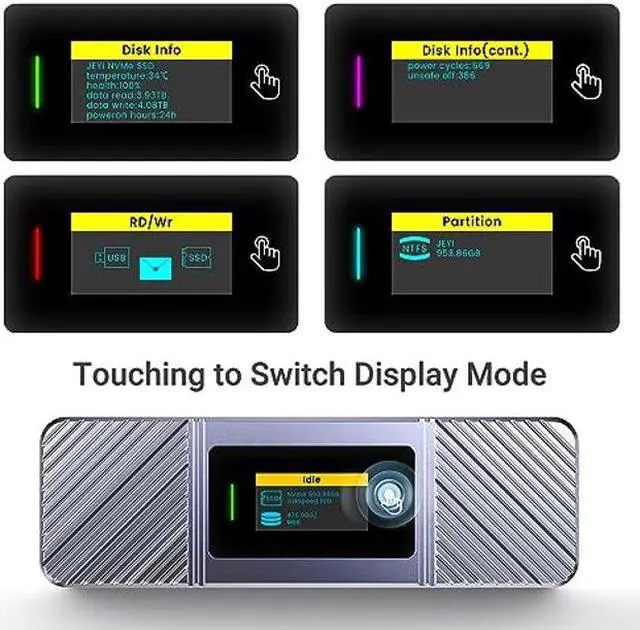 Alt view image 2 of 5 - JEY Visual Smart M.2 Enclosure with Touchscreen and RGB, USB 3.2 Gen 2 10Gbps, Compatible with 2230/2242/2260/2280 NVMe/ PCIe and NGFF/ SATA SSD, External Enclosure Support UASP Trim i9X-Zebra