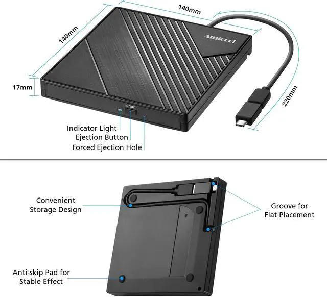 Alt view image 5 of 5 - Amicool External DVD Drive USB 3.0 USB C CD Burner CD/DVD +/-RW Optical Drive, Slim Portable DVD CD ROM Rewriter Writer Duplicator for Laptop Desktop PC Windows 11/10/8/7 MacBook Mac Linux OS Apple