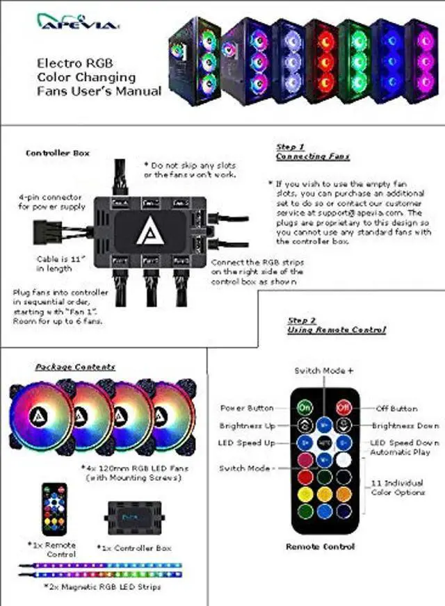 Alt view image 5 of 5 - Apevia ET42-RGB Electro 120mm Silent RGB Color Changing LED Fan with Remote Control, 28x LEDs & 8X Anti-Vibration Rubber Pads w/ 2 Magnetic LED Strips (4+2-pk)
