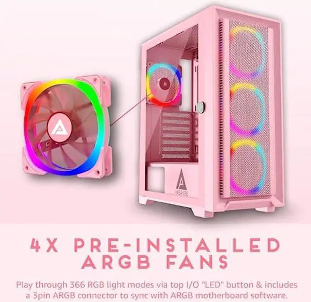 Alt view image 2 of 4 - Apevia Inspire-PK Inspire Mid Tower ATX Gaming PC Case w/ 4X 120mm ARGB Fans, 366 RGB Light Modes, 1x Metal Mesh Airflow Front Panel, 1x Door Swivel Style Magnetic Glass Side Panel, 2X USB3.0, Pink