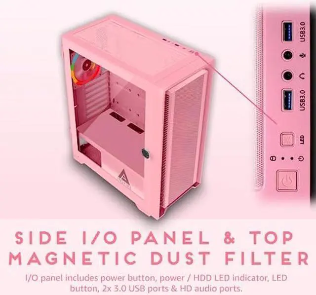 Alt view image 4 of 4 - Apevia Inspire-PK Inspire Mid Tower ATX Gaming PC Case w/ 4X 120mm ARGB Fans, 366 RGB Light Modes, 1x Metal Mesh Airflow Front Panel, 1x Door Swivel Style Magnetic Glass Side Panel, 2X USB3.0, Pink