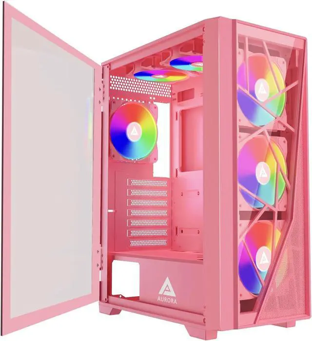 Main image of Apevia Aurora-PK Aurora Mid Tower Gaming PC Case w/ 6X 120mm PWM ARGB Fans, 366 RGB Light Modes, 1x Glass & Mesh Front Panel, 1x Door Swivel Style Magnetic Glass Side Panel, 2X USB3.0, Pink