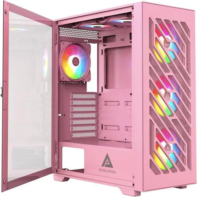 Main image of Apevia Evolution-PK Evolution Mid Tower Gaming PC Case w/ 6X 120mm PWM ARGB Fans, 366 RGB Light Modes, 1x Metal Plate Mesh Front Panel, 1x Door Swivel Style Magnetic Glass Side Panel, 2X USB3.0, Pink