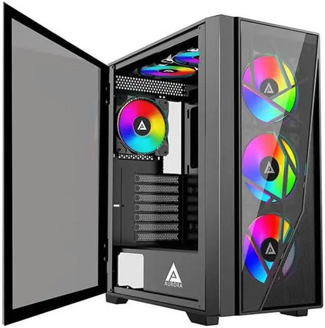 Main image of Apevia Aurora-BK Aurora Mid Tower Gaming PC Case w/ 6X 120mm PWM ARGB Fans, 366 RGB Light Modes, 1x Glass & Mesh Front Panel, 1x Door Swivel Style Magnetic Glass Side Panel, 2X USB3.0, Black