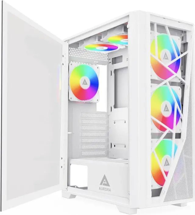 Main image of Apevia Aurora-WH Aurora Mid Tower Gaming PC Case w/ 6X 120mm PWM ARGB Fans, 366 RGB Light Modes, 1x Glass & Mesh Front Panel, 1x Door Swivel Style Magnetic Glass Side Panel, 2X USB3.0, White