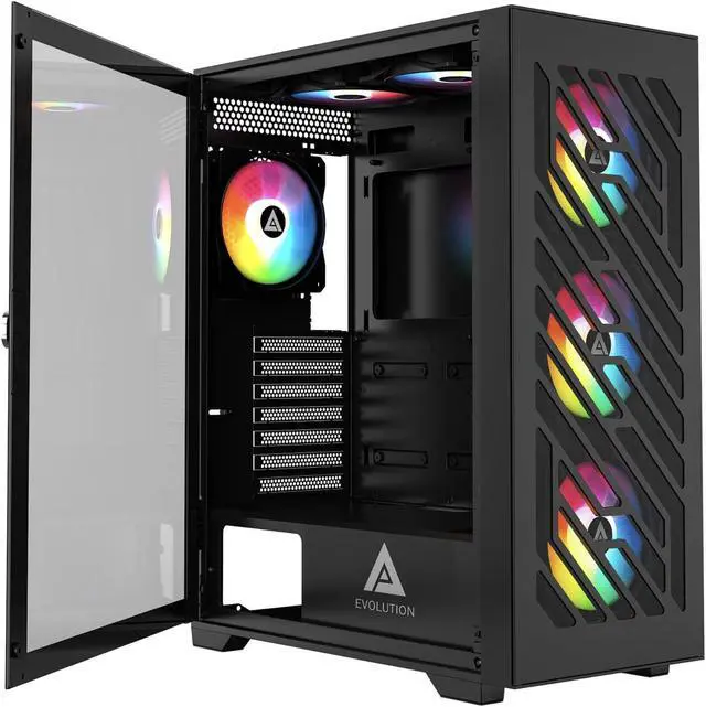 Main image of Apevia EVOLUTION-BK Evolution Mid Tower Gaming PC Case w/ 6x 120mm PWM ARGB Fans, 366 RGB Light Modes, 1x Metal Plate Mesh Front Panel, 1x Door Swivel Style Magnetic Glass Side Panel, 2x USB3.0, Black