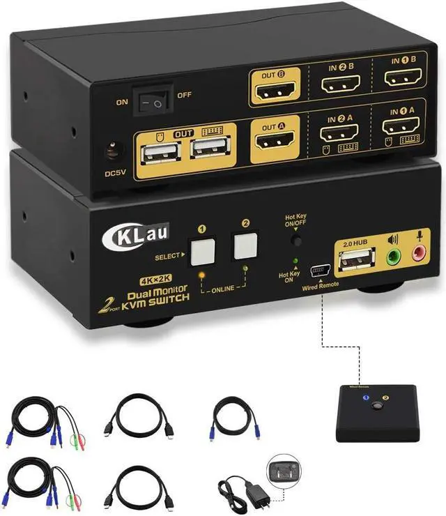 Main image of CKLau 2 Port HDMI KVM Switch 2 Monitors 4K@60Hz with Audio and Cables, Dual Monitor Switch for 2 Computers Sharing Display Keyboard Mouse Support Hotkey Switching