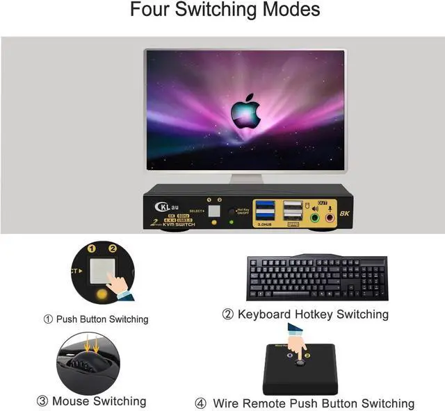 Alt view image 3 of 5 - CKLau 2 Port USB 3.0 HDMI 2.1 KVM Switch 8K@60Hz 4K@144Hz with Audio Output and Cables, 2 Computers 1 Monitor Video Keyboard Mouse Peripheral Sharing Switcher Box