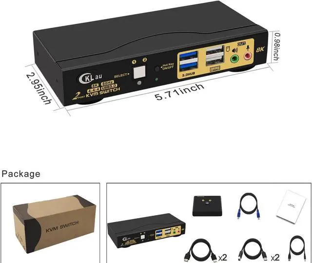 Alt view image 5 of 5 - CKLau 2 Port USB 3.0 HDMI 2.1 KVM Switch 8K@60Hz 4K@144Hz with Audio Output and Cables, 2 Computers 1 Monitor Video Keyboard Mouse Peripheral Sharing Switcher Box