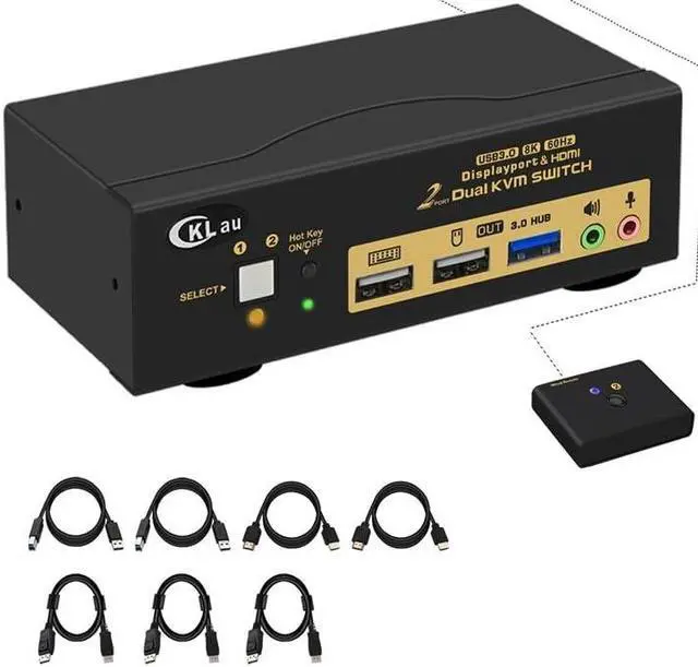 Main image of CKLau 2 Port USB 3.0 Dual Monitor KVM Switch Displayport 1.4 + HDMI 2.1 Supports 8K@60Hz, 4K@144Hz with Audio Output and All Input Cables