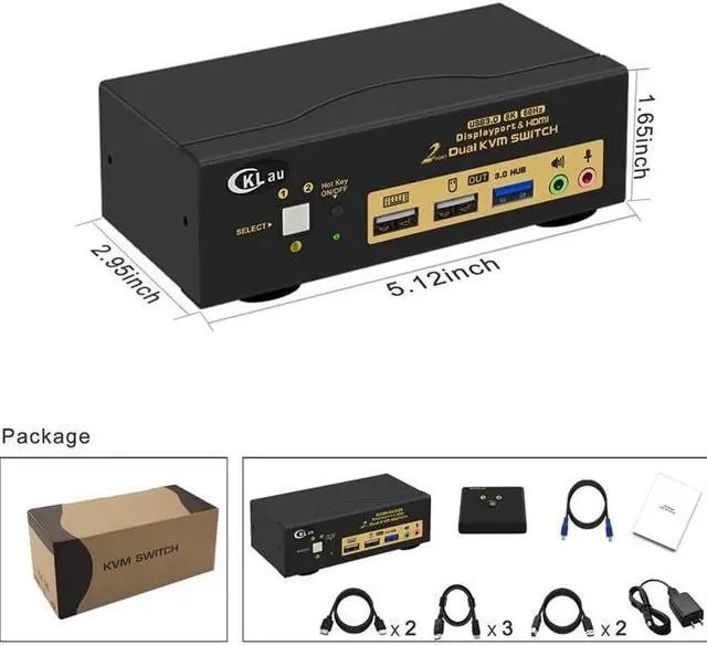 Alt view image 5 of 5 - CKLau 2 Port USB 3.0 Dual Monitor KVM Switch Displayport 1.4 + HDMI 2.1 Supports 8K@60Hz, 4K@144Hz with Audio Output and All Input Cables