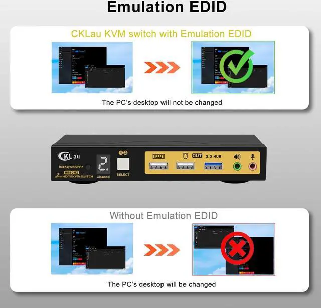Alt view image 2 of 5 - CKLau USB 3.0 2 Port KVM Switch HDMI 2.1 8K@60Hz 4K@144Hz with Audio, Microphone Output and Cables Support Hotkey Switching, Emulation EDID, HDR, HDCP