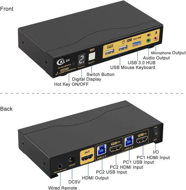 Alt view image 5 of 5 - CKLau USB 3.0 2 Port KVM Switch HDMI 2.1 8K@60Hz 4K@144Hz with Audio, Microphone Output and Cables Support Hotkey Switching, Emulation EDID, HDR, HDCP