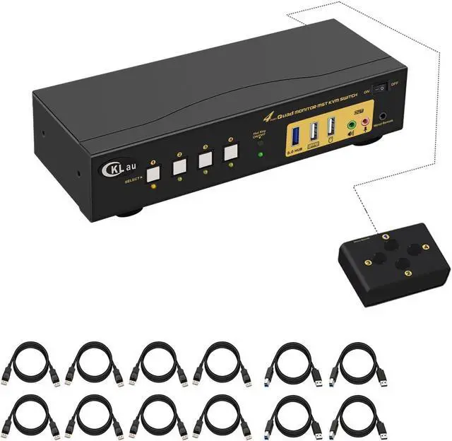 Main image of CKLau Quad Monitor Displayport KVM Switch MST, 2 DP in 4 DP Out, 4K60Hz 2K@144Hz 2 Computers 4 Monitors Switcher with Cables, Audio, Microphone and USB 3.0 Hub Supports Hot Key Switching