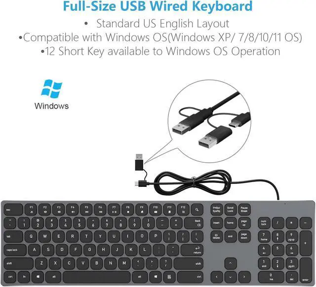 Alt view image 3 of 5 - 9H Aluminum USB Wired Keyboard with Numeric Keypad for PC Windows 10/8 / 7 / Vista/XP