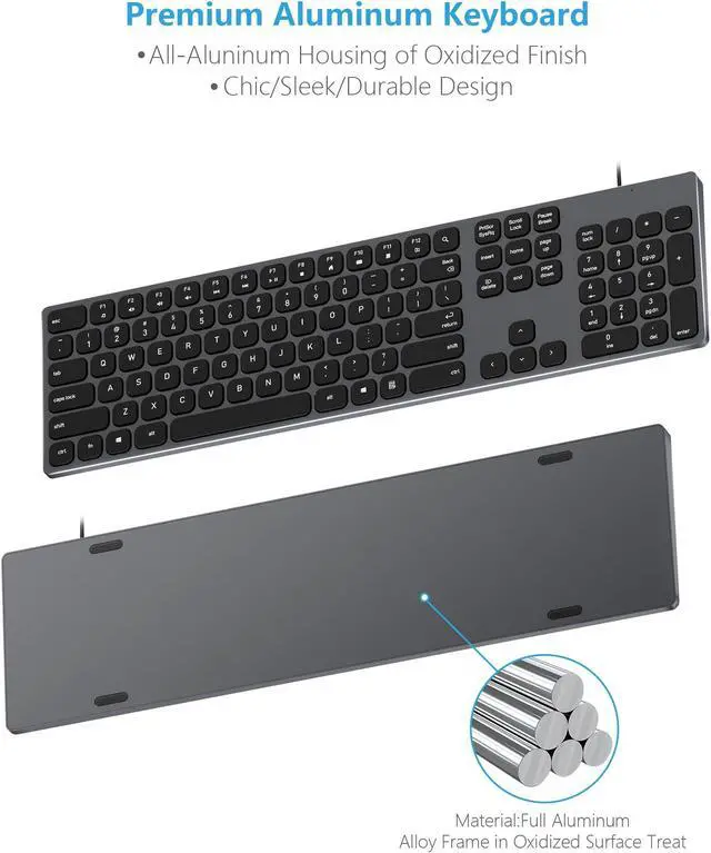 Alt view image 4 of 5 - 9H Aluminum USB Wired Keyboard with Numeric Keypad for PC Windows 10/8 / 7 / Vista/XP