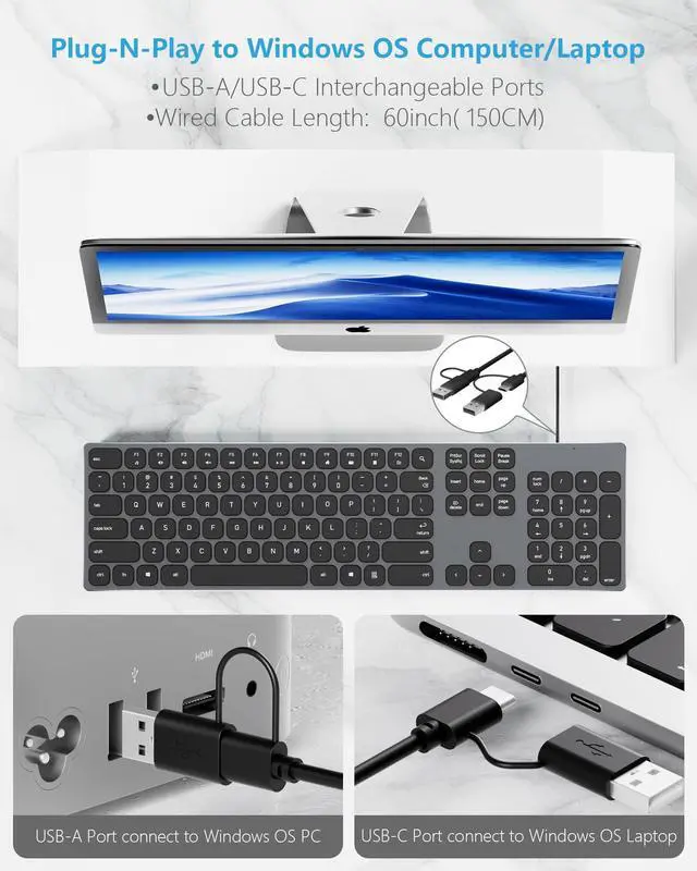 Alt view image 5 of 5 - 9H Aluminum USB Wired Keyboard with Numeric Keypad for PC Windows 10/8 / 7 / Vista/XP