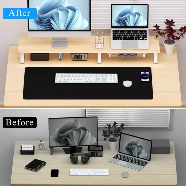 Alt view image 5 of 5 - Aothia Dual Monitor Stand Riser - Monitor Stand with Drawer,Monitor Stand For 2 Monitors, Desk Shelf For Monitor with Metal Legs, Wood Monitor Stand with Storage Organize For Pc,Laptop,Screen (Oak)