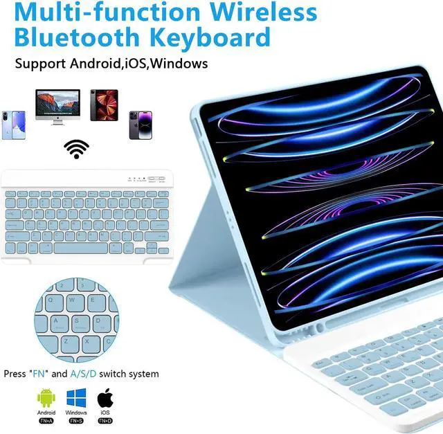 Alt view image 3 of 5 - Compatible for iPad Pro 12.9 Inch Case With Keyboard - Thin & Light for 6th/5th/4th/3rd Generation (2022-2018), Bluetooth Detachable Keyboard, Blue