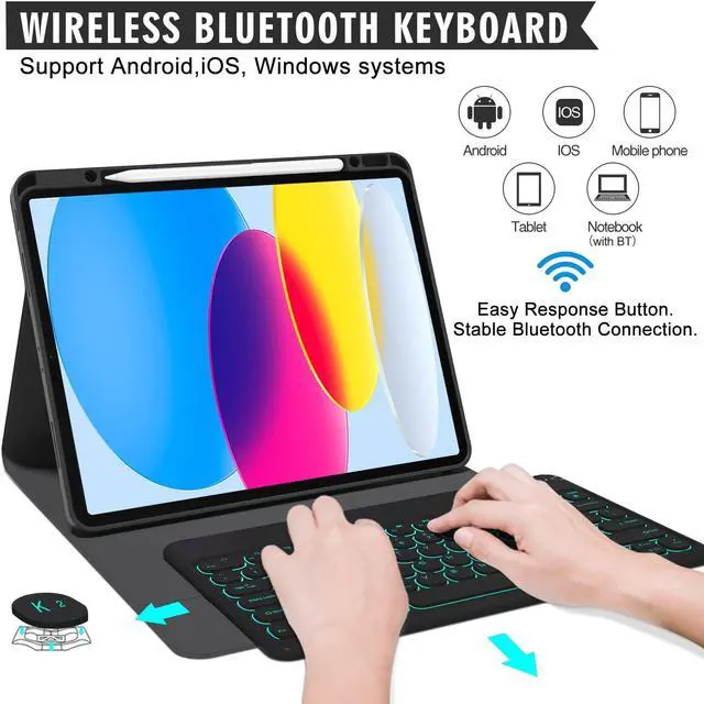 Alt view image 3 of 5 - BLUTLOTUS iPad 10th Generation Case with Keyboard 2022, 10.9 inch Keyboard Case with Pencil Holder, 7 Color Backlit Detachable Keyboard, Smart Folio, Auto Sleep/Wake Tablet Cover(Black)