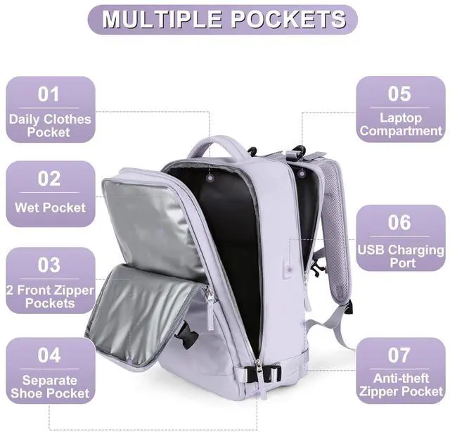 Alt view image 3 of 5 - coofay Large Carry On Backpack Flight Approved Personal Item Travel Backpack For Women Airline Approved Waterproof Sports Luggage Backpack Casual Daypack Small Hiking Backpack Purple Backpack